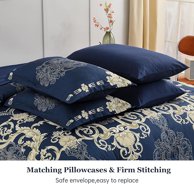 Mybedsoul 7 Pieces Blue Gold Comforter Set King Size, Damask Bed in a Bag for King Bed, Lightweight Microfiber Boho Bedding Sets with Comforter, Sheet, Pillowcases & Shams for All Season(90"x104")