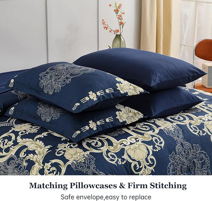 Mybedsoul Blue Gold Queen Comforter Set, 7 Pieces Boho Bed in a Bag for Queen Bed, Damask Comforter with Sheets Pillowcases, Soft Microfiber Lightweight Bedding Sets for All Season(90"x90")