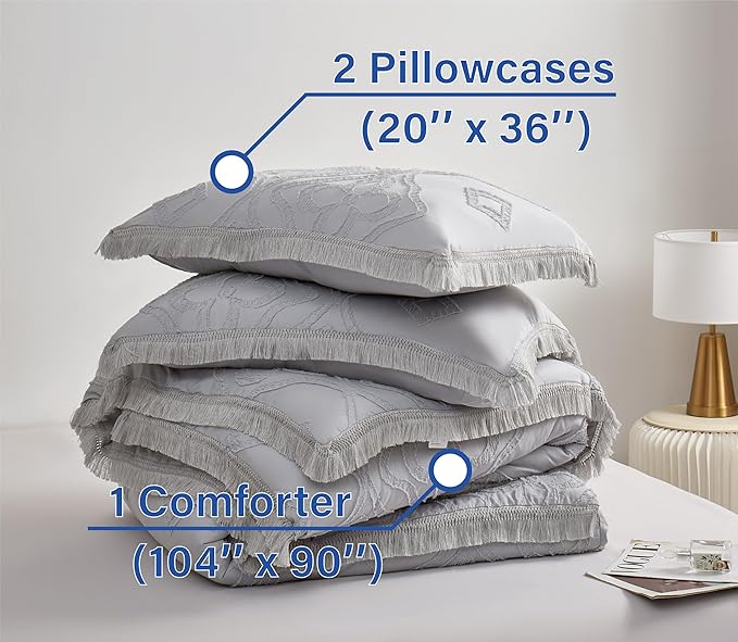 Boho King Size Comforter Set Grey 3 Pieces Tufted Tassel King Comforter Set Prime Lightweight Down Comforter King Size Gray Farmhouse Boho Bedding Shabby Chic Fluffy Comforter Bed Set Gift Choice