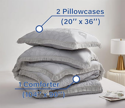 Boho King Size Comforter Set Grey 3 Pieces Tufted Tassel King Comforter Set Prime Lightweight Down Comforter King Size Gray Farmhouse Boho Bedding Shabby Chic Fluffy Comforter Bed Set Gift Choice