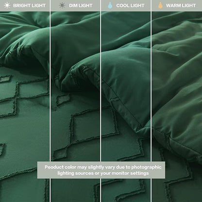 Andency Queen Comforter Set, 3 Pieces Dark Emerald Green Boho Tufted Fall Bedding, Soft Fluffy Farmhouse Comforter, Jacquard Textured Geometric Bed Set for All Season (90x90 Inch)