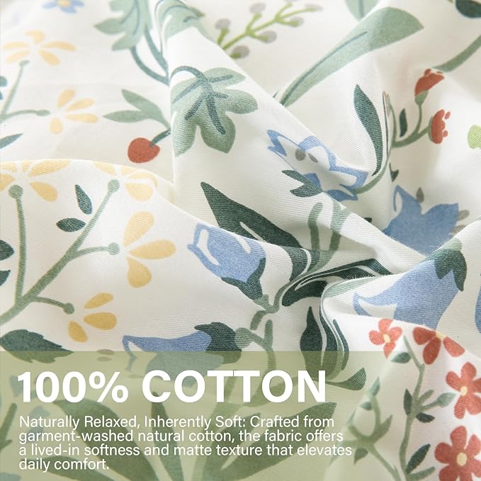 Green Floral Comforter Set Queen Size 100% Cotton Comforter 3 Pieces Soft Lightweight Reversible Retro Floral Bedding Sets for All Season