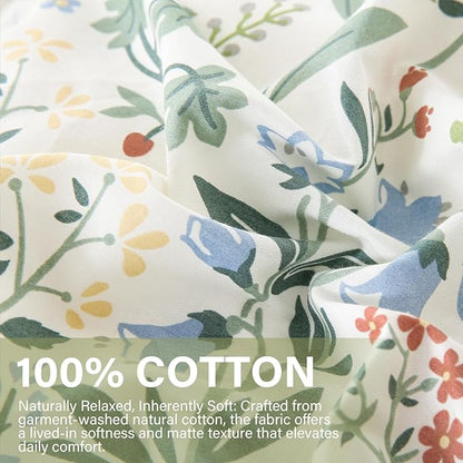 Green Floral Comforter Set Queen Size 100% Cotton Comforter 3 Pieces Soft Lightweight Reversible Retro Floral Bedding Sets for All Season