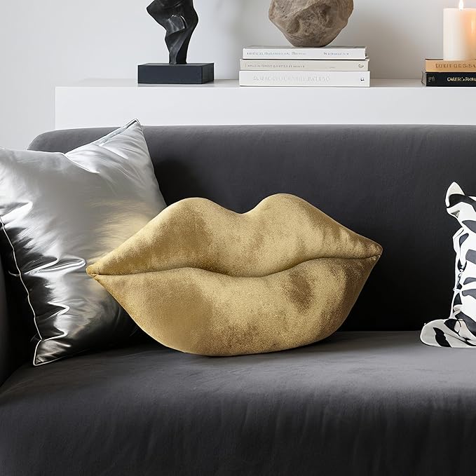 AELS 3D Large Lips Throw Pillows, Soft Decorative Love Pillows, Velvet Cute Pillow, 24 x 12 inches for Couch, Sofa, Bed, Living Room, Bedroom, Bronze Gold