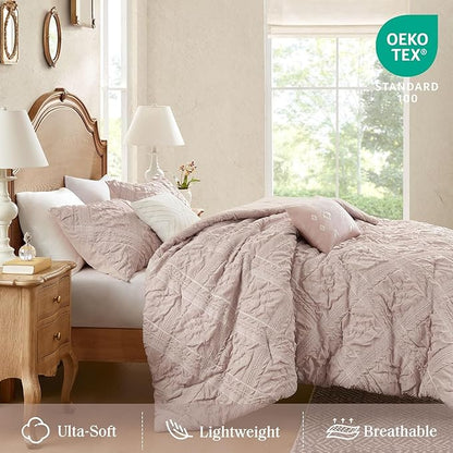 Madison Park Shabby Chic Comforter Set 5-Piece King Size, Puffy Seersucker Textured Grid Pattern Boho Bedding,Dusty Pink Plaid Comforter with 2 Shams & 2 Decorative Pillows