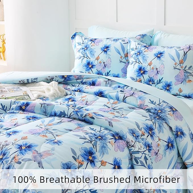 Floral King Comforter Set with Sheets, 7 Piece Luxury Vintage Bedding, Soft Microfiber Bed in a Bag, Cozy Lightweight Bed Set, Blue Flower Leaf Botanical