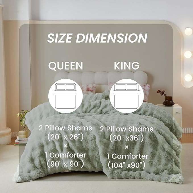 Simple&Opulence Fluffy Faux Fur Comforter Set, Plush Fuzzy Minky Bedding Set, 3 Pieces Warm Soft Comforter Bedding Set for Winter - 1 Shaggy Comforter with 2 Pillow Shams(Queen, Light Green)