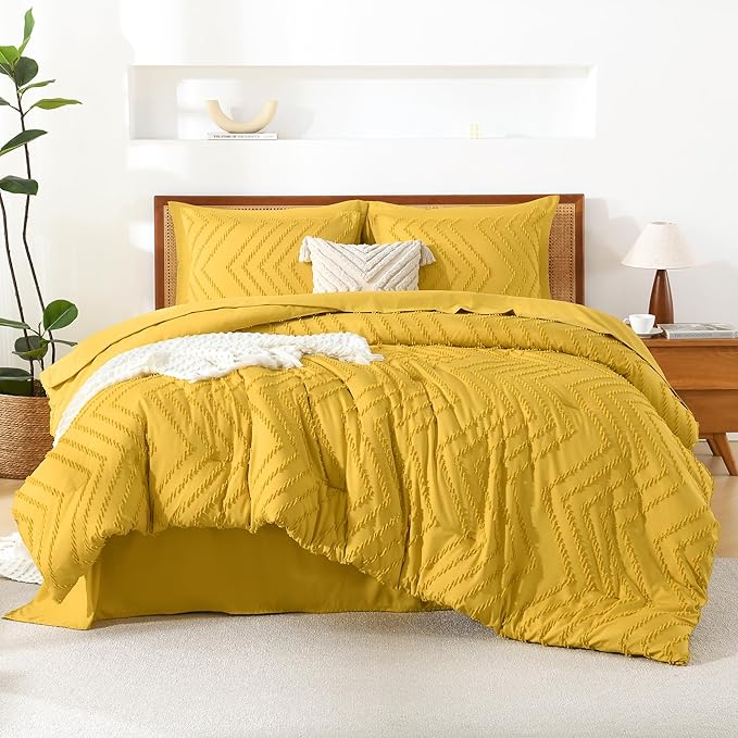 Litanika Queen Size Comforter Set with Sheets Mustard Yellow - 7 Pieces Bed in a Bag Queen Chevron Tufted Complete Bedding Sets with Comforter, Sheets, Pillowcases & Shams