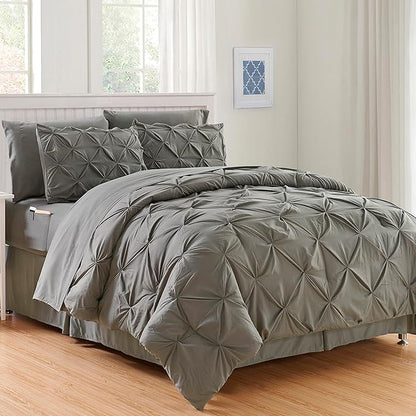 Elegant Comfort 8-Piece Pinch Pleated Comforter Set - All Season Complete Bed in a Bag, Includes 4pc Smart Sheet Set, Bed Skirt, Comforter, Matching Pillowcases and Shams, King/Cal King, Gray