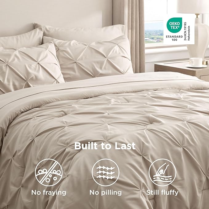 Bedsure Full Comforter Set Beige - Bed in a Bag Full Size Bedding Set 7 Pieces, GentleSoft™ Pintuck Bed Set Gift for Family, Pinch Pleat Beige Comforter with Sheets, Pillowcases & Shams