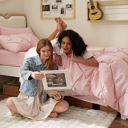 Bedsure Twin XL Comforter Set - Extra Long 5 Pieces Dorm Bedding Sets, Pinch Pleat Pink Bed in a Bag with Comforter, Sheets, Pillowcase & Sham