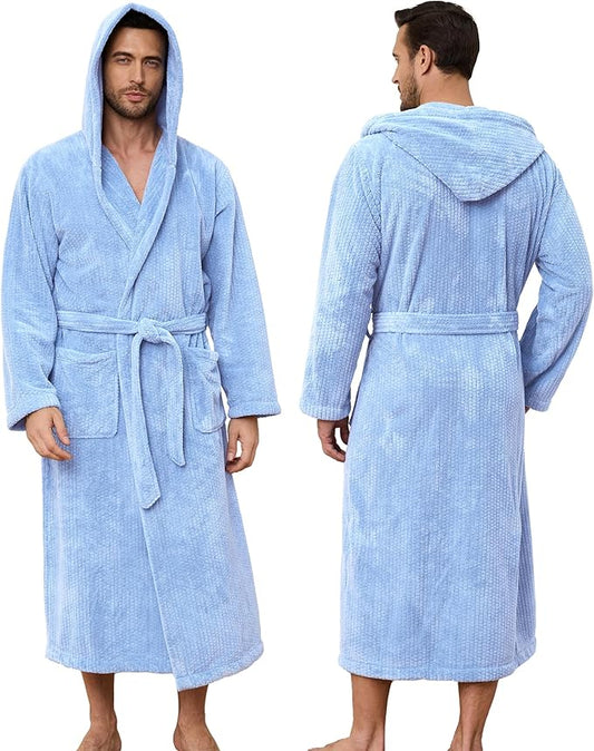 Men's Bathrobes with Hood, Soft Long Towel Robe for Men - Super Absorbent Quick Dry yet Warm