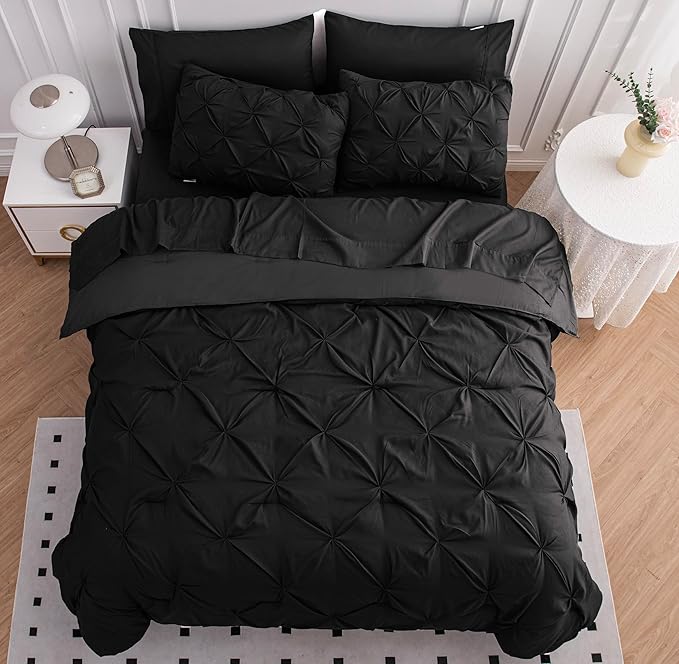 LANE LINEN Full Size Comforter - 7 PCs Set - Full Size Bed in a Bag Luxury Down Alternative - One Set Full Size Bedding Collection - Easy Care, Machine Washable, Soft & Cozy All-Season Bedding – Black | Plush alt fill, Cozy lightweight, Machine washabl...