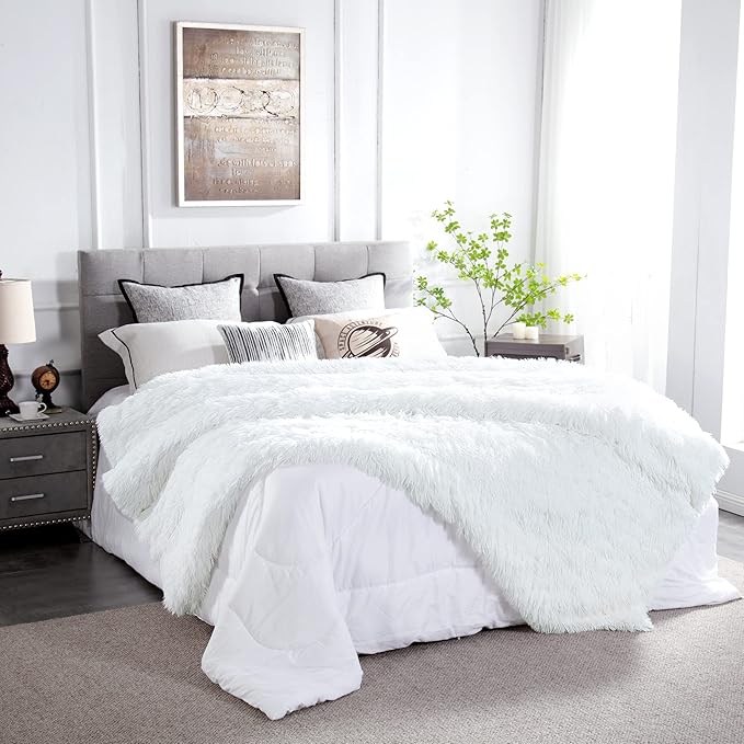 JONIYEAR Oversized Decorative Fluffy Faux Fur Throw Blanket Twin Size 60" x 71",Soft Large Luxury Lightweight Furry Blanket,Accent Cozy Shaggy Plush Thick Warm Fuzzy Blankets for Winter Bed Sofa,White