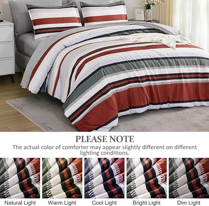 WONGS BEDDING Comforter King Size,Red Comforter Set King, 7 Pieces Bed in a Bag Soft Micorfiber Striped Bedding Set with Comforter, Flat Sheet, Fitted Sheet, Pillow Shams, Pillowcase