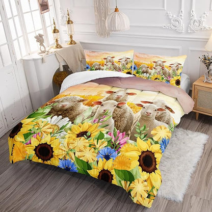 HOSIMA Farm Animal Themed Bedding Set,Yellow Sunflower Floral Comforter Twin Size for Girls Kids Women Bedroom Decor,Cute Sheep Bedding Set Twin Size,Bed Set for Girls with 2 Pillowcases.