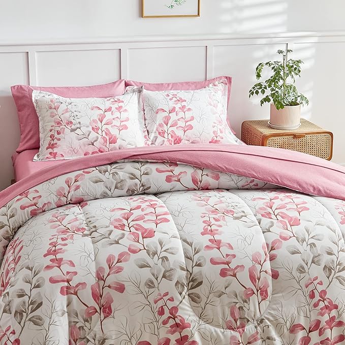 Pink Floral Comforter Sheet Set Bed in a Bag Twin Pink Gray Leaves 6 Pieces Bedding Set (1 Comforter 2 Pillow Shams 1 Flat Sheet 1 Fitted Sheet 1 Pillowcases)