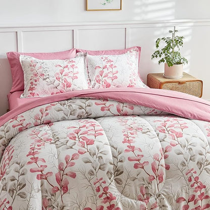 Pink Floral Comforter Sheet Set Bed in a Bag Twin Pink Gray Leaves 6 Pieces Bedding Set (1 Comforter 2 Pillow Shams 1 Flat Sheet 1 Fitted Sheet 1 Pillowcases)