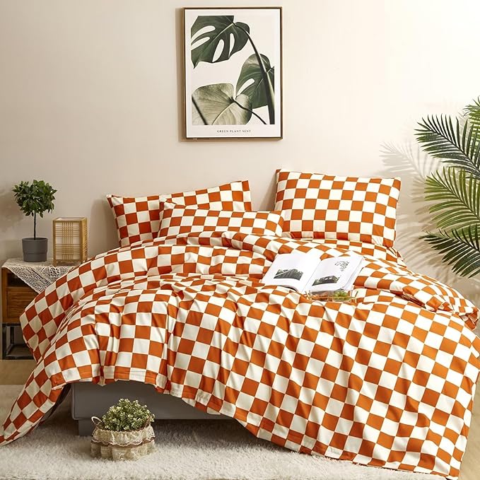 Houseri Burnt Orange Grid Comforter Set Full White and Rust Plaid Bedding Comforter Sets for Teen Girls Boys Terracotta Buffalo Plaid Comforter Full Rust Colored Gingham Comforter Bedding Full Size