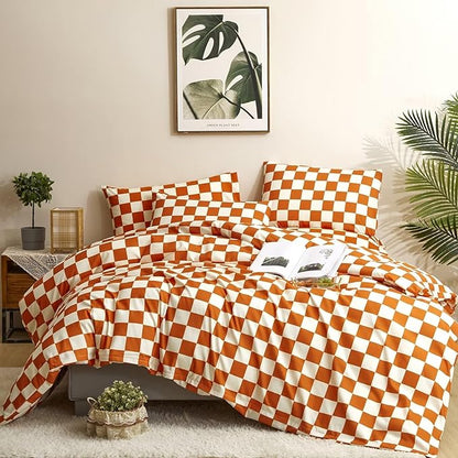 Houseri Burnt Orange Grid Comforter Set Full White and Rust Plaid Bedding Comforter Sets for Teen Girls Boys Terracotta Buffalo Plaid Comforter Full Rust Colored Gingham Comforter Bedding Full Size