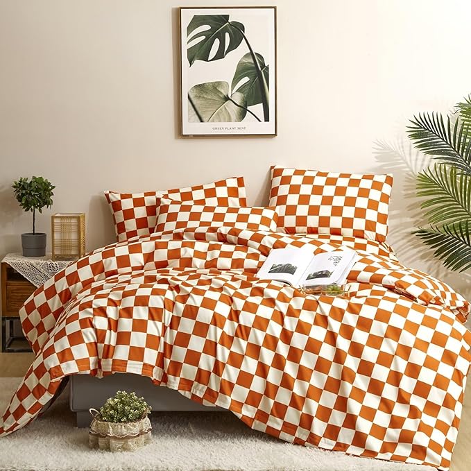Houseri Burnt Orange Plaid Comforter Set Queen White and Rust Grid Bedding Sets for Women Girls Caramel Red Blanket Boys Men Reddish Brown Queen(90''*90''-Comforter)