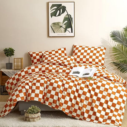 Houseri Burnt Orange Plaid Comforter Set Queen White and Rust Grid Bedding Sets for Women Girls Caramel Red Blanket Boys Men Reddish Brown Queen(90''*90''-Comforter)
