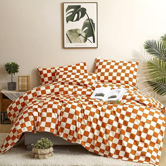 Houseri Burnt Orange Plaid Comforter Set Queen White and Rust Grid Bedding Sets for Women Girls Caramel Red Blanket Boys Men Reddish Brown Queen(90''*90''-Comforter)
