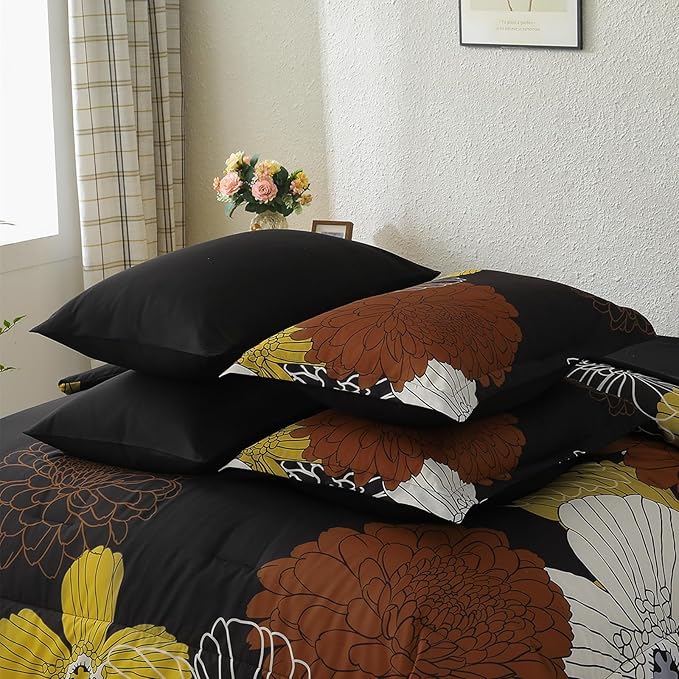 Yiran 7 Pieces Boho Floral Comforter Sets Black Brown Yellow Lightweight Comforter Bed in a Bag Flowers Microfiber Bedding Set for All Season,King Size 104''x90''