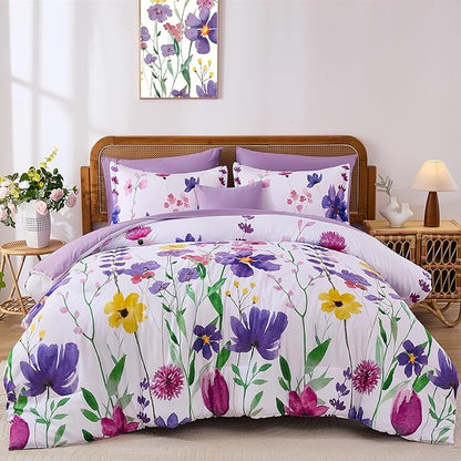 Annibedding Purple Queen Comforter Set, 8 Pieces Soft Microfiber Floral Bed in a Bag Comforter Bedding Set with Pillowcase and Sheets for All Season(90"x90")