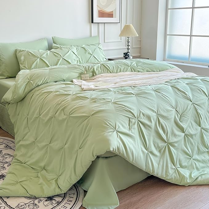 Maple&Stone California King Comforter Set, 7 Pieces Cal King Bed Set, Pinch Pleat Bed in a Bag Bedding Set with Comforter, Sheets, Pillowcases & Shams - Light Green