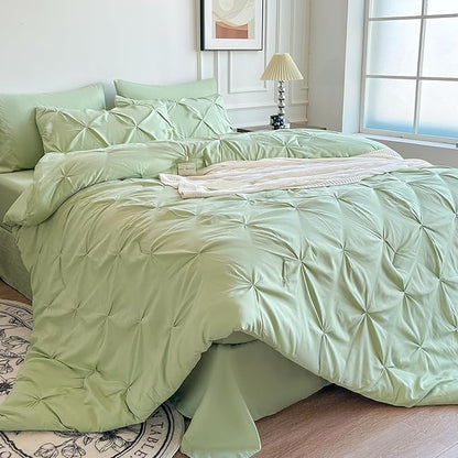 Maple&Stone Green Comforter Set Queen, 7 Pieces Bed in a Bag Queen, Pintuck Bedding Sets with Comforter, Sheets, Pillowcases & Shams - Light Green