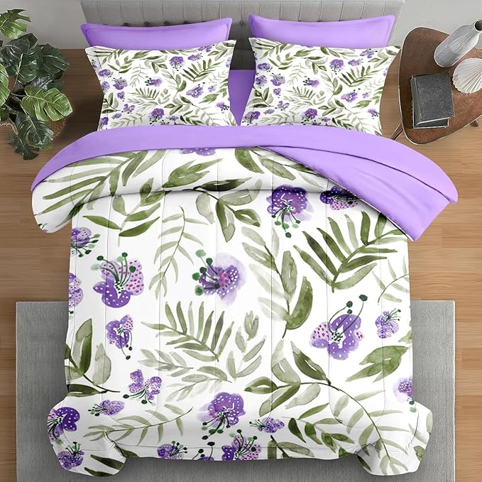 Comforter Set Full Size, Floral Purple Sage Green 7 Pcs Bedding for Kids and Adults, Botanical Leaf Flower Bed Sheet Sets with Fitted Sheet 2 Pillowcases & 2 Shams for Bedroom Bed Decor