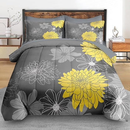 Comforter Set Queen Size, Vintage Flower 7 Pcs Bedding for Kids and Adults, Yellow Botanical Floral Bed Sheet Sets with Fitted Sheet 2 Pillowcases & 2 Shams