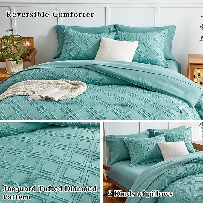 7 Pieces Tufted Bed in a Bag King Comforter Set with Sheets Green, Soft and Embroidery Shabby Chic Boho Bohemian, Luxury Solid Color with Diamond Pattern, Jacquard Tufts Bedding Set for All Season
