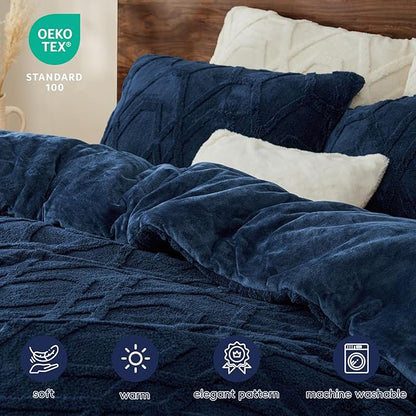 PHF Warm Sherpa Fleece Queen Comforter Set, 3D Tufted Fluffy Navy Blue Bedding for Winter, Soft 3 Pieces Shaggy Bed Set, 1 Comforter (90"x90") and 2 Pillowcases (20"x26")