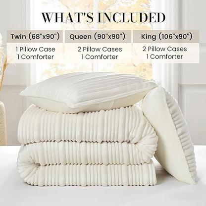 Amélie Home High-End Fleece Twin Comforter Set,Cozy Warm Striped Plush Bedding Set for Winter, 3 Pieces, 1 Cozy Comforter with 2 Pillowcases, Beige, 68" x90