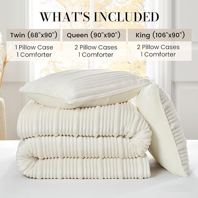 Amélie Home Premium Fleece Queen Comforter Set,Soft Fuzzy Striped Flannel Bedding Set for Winter, 3 Pieces, 1 Cozy Comforter with 2 Pillowcases, Ivory, 90"x90"