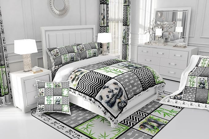 Kawaii Panda Twin Size Comforter Sets for Kids Boys Girls,Green Botanical Leaves Bedding Sets Youth Men Bedroom Decor,Cartoon Bear Black White 2 Pieces Quilt Set,Splicing Geometric Duvet Insert