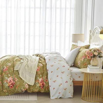 mixinni Floral Comforter Set Full Size Green, 3 Pieces Garden Style Botanical Flowers Leaves Comforter Set, Soft Fluffy Reversible Farmhouse Boho Comforter and 2 Pillowcases for All Season