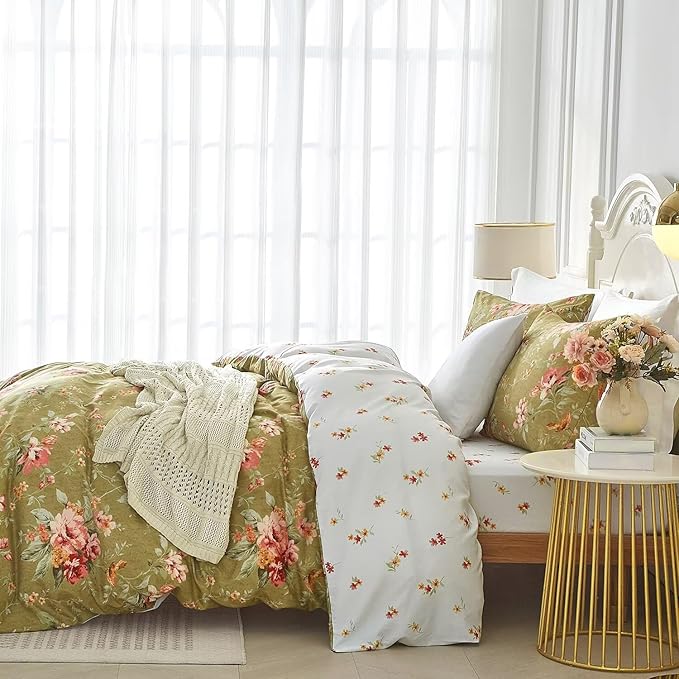 mixinni Floral Comforter Set Twin XL Size Green, 3 Pieces Garden Style Botanical Flowers Leaves Comforter Set, Soft Fluffy Reversible Farmhouse Boho Comforter and 2 Pillowcases for All Season