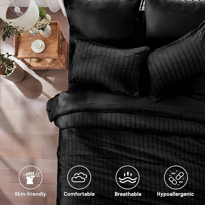 Zzlpp Black King Comforter Set 7 pieces, Seersucker Bed in a Bag with Comforter and Sheets, All Season Bedding Sets with 1 Comforter, 2 Pillow Shams, 2 Pillowcases, 1 Flat Sheet, 1 Fitted Sheet