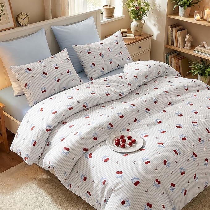 Nayoroom Blue Striped Bow Comforter Set Queen Size Red Cherry Comforter 3 Pieces Soft Lightweight Girls Cute Aesthetic Dorm Bedding Set for All Seasons