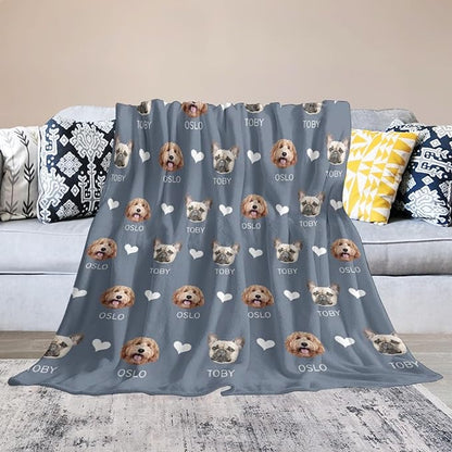 Custom Blanket with Pets Pictures & Name Personalized Funny Cat Dog Face Throw Blankets Soft Warm Plush Fleece Customized Blanket for Couch Bed Sofa Gifts for Dog Dad Mom Pet Lovers