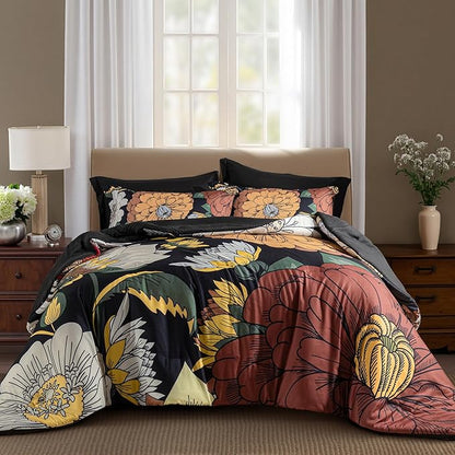 Black Boho Floral King Comforter Set - 3 Piece Farmhouse Botanical Bedding Comforter Sets for All Season Soft Lightweight Mid Century Bed Set, (1 Reversible Comforter and 2 Pillow Shams