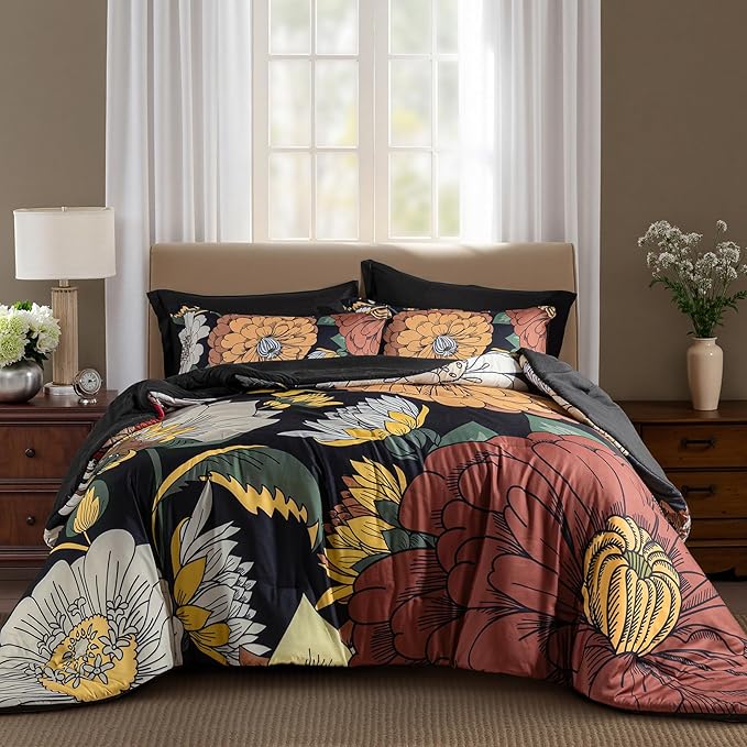 Black Boho Floral Queen Comforter Set - 3 Piece Farmhouse Botanical Bedding Comforter Sets for All Season Soft Lightweight Mid Century Bed Set, (1 Reversible Comforter and 2 Pillow Shams