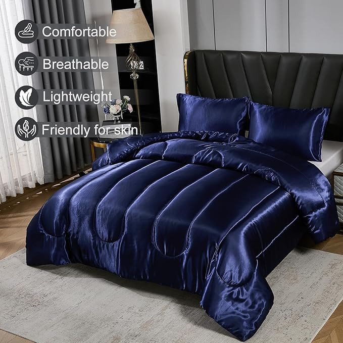 Satin Comforter Set King Silk Like Silky Bedding Set Luxury Hotel Silky Bed Home Deocr Navy Blue Soft Down Comforter Silky Quilt Set