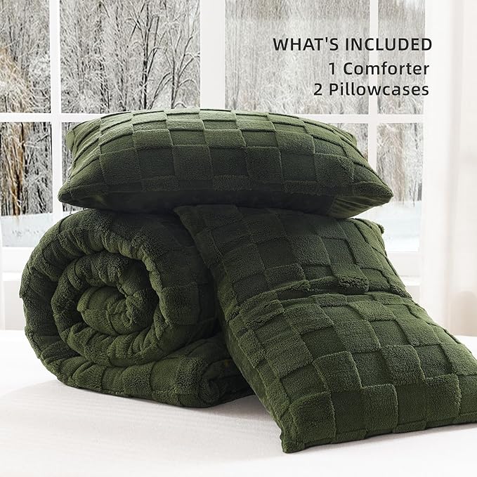 Litanika Fluffy Full Size Comforter Set Olive Green，3 Pieces Warm Sherpa Fleece Winter Bedding Set, Jacquard Checkered Plush Fuzzy Bed Set(1 Comforter, 2 Pillowcases)