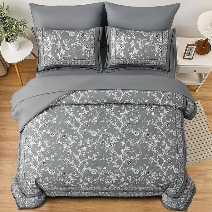Dobuyly Grey Floral Queen Comforter Set, 7 Piece Bed in a Bag Queen Size Flowers Botanical Bedding Set, Soft Microfiber Bedding Comforter Sets with Sheets for All Season