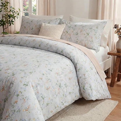 Floral Comforter King Size 100% Cotton Bedding Set Green & Yellow Flowers Cotton Comforter Sets 3 Pcs Reversible Lightweight Bedding Sets for All Seasons