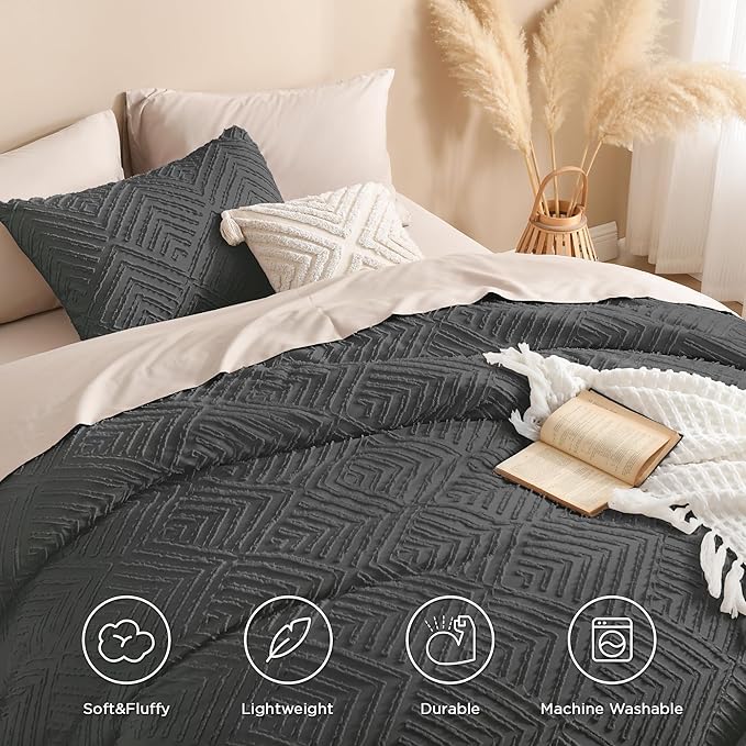 Andency Dark Grey California King Comforter Set, 3 Pieces Gray Boho Bedding Set & Collections, Farmhouse Tufted Fluffy Bed Set for California King Bed (1 Comforter 104x96In, 2 Pillowcases)